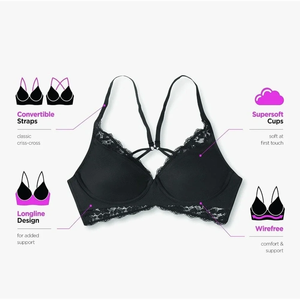 Maidenform Pure‎ Comfort Convertible Wireless Bralette, Black,  38D, NEW